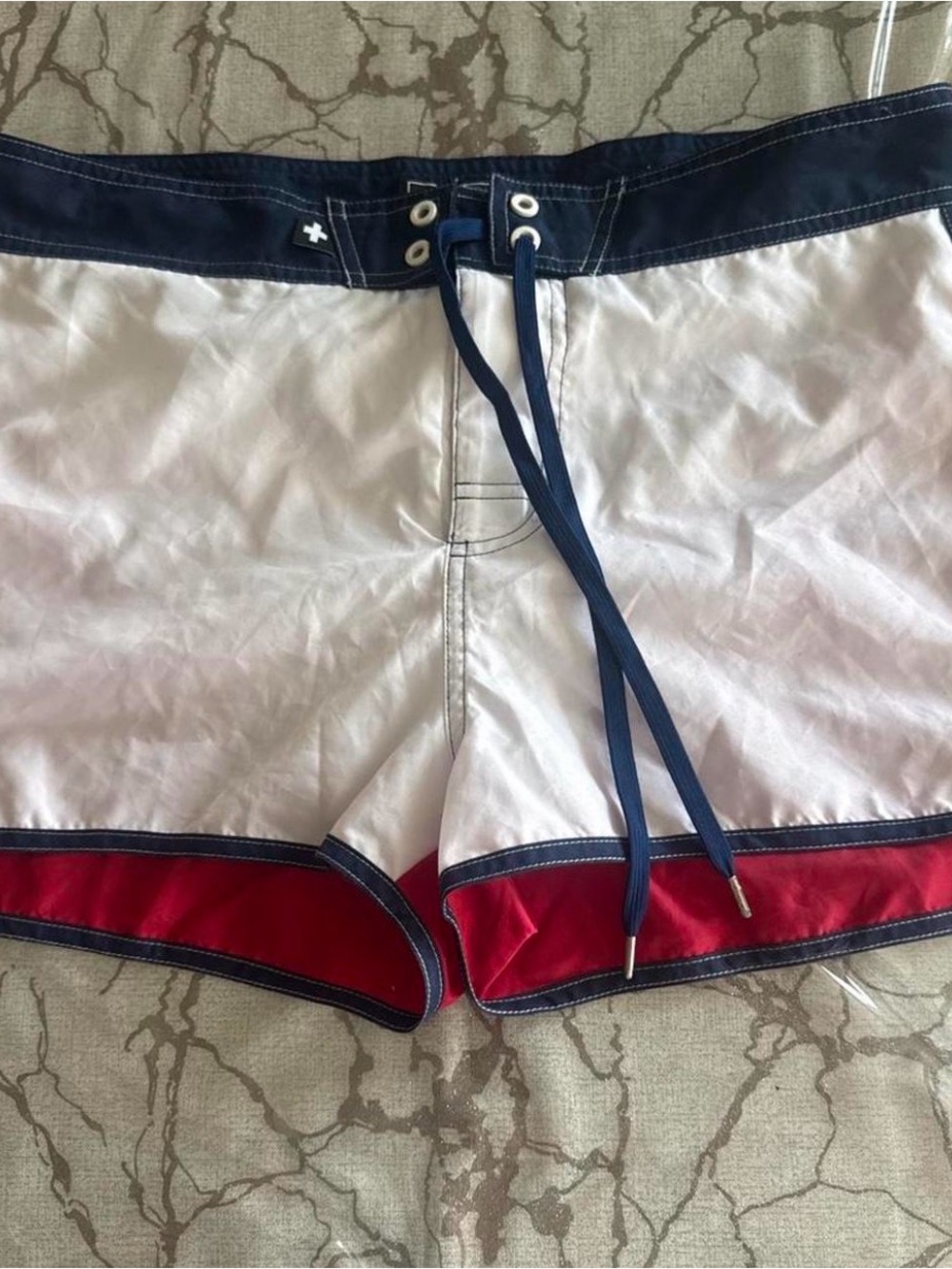 Andrew Christian White Swim Trunks with Navy Waistband and Red Trim